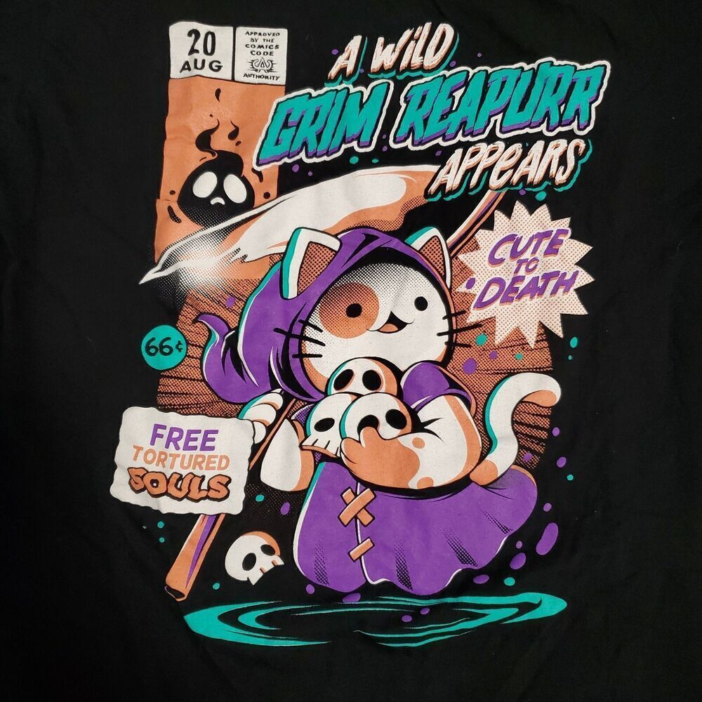 Black Matter Grim Reapurr Cat Graphic Tee Shirt Black Large Kawaii Goth Comic